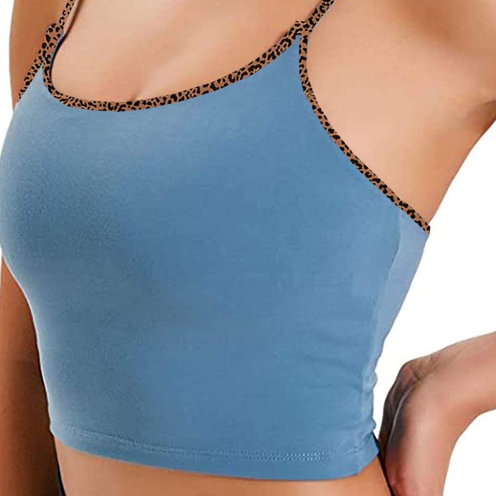Blue Sports Bra With Leopard Trim - Picture 3 of 5
